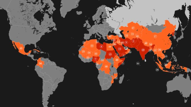 Map of the 2022 World Watch List of countries where persecution of Christians in the highest. This photo is being used for non-commercial purpose and not in connection with selling a good or service.